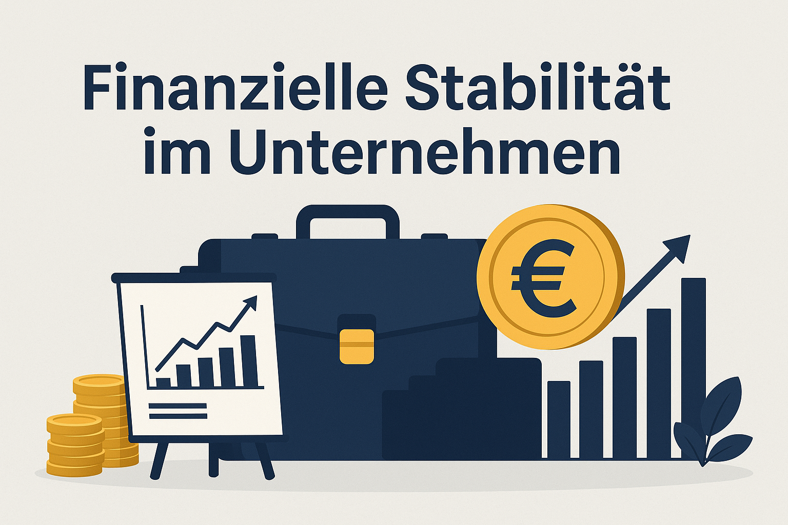 Finanzielle Stabilität im Unternehmen symbolisiert durch eine Aktentasche ein Chart und eine stilisierte Euromünze