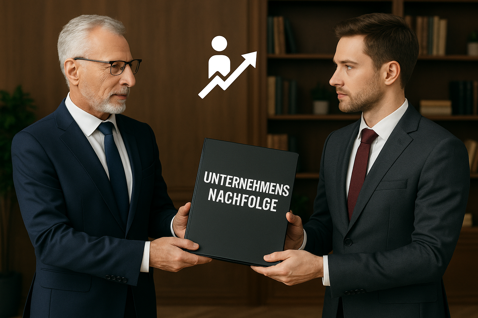 Unternehmensnachfolge - symbolisiert durch zwei Geschäftsmänner im Anzug, die ein entsprechend beschriftetes Portfolio halten