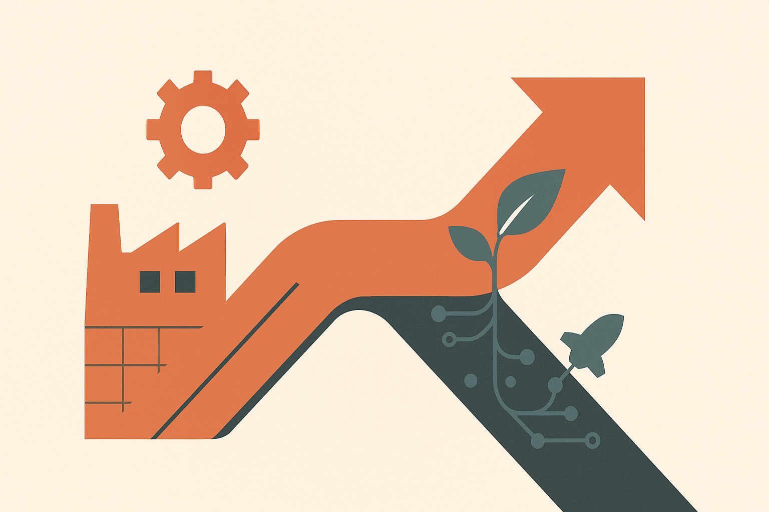 Innovationsmanagement im Mittelstand: Symbolisiert durch eine Gewerbeimmobilie und einen Pfeil der nach schräg oben zeigt.