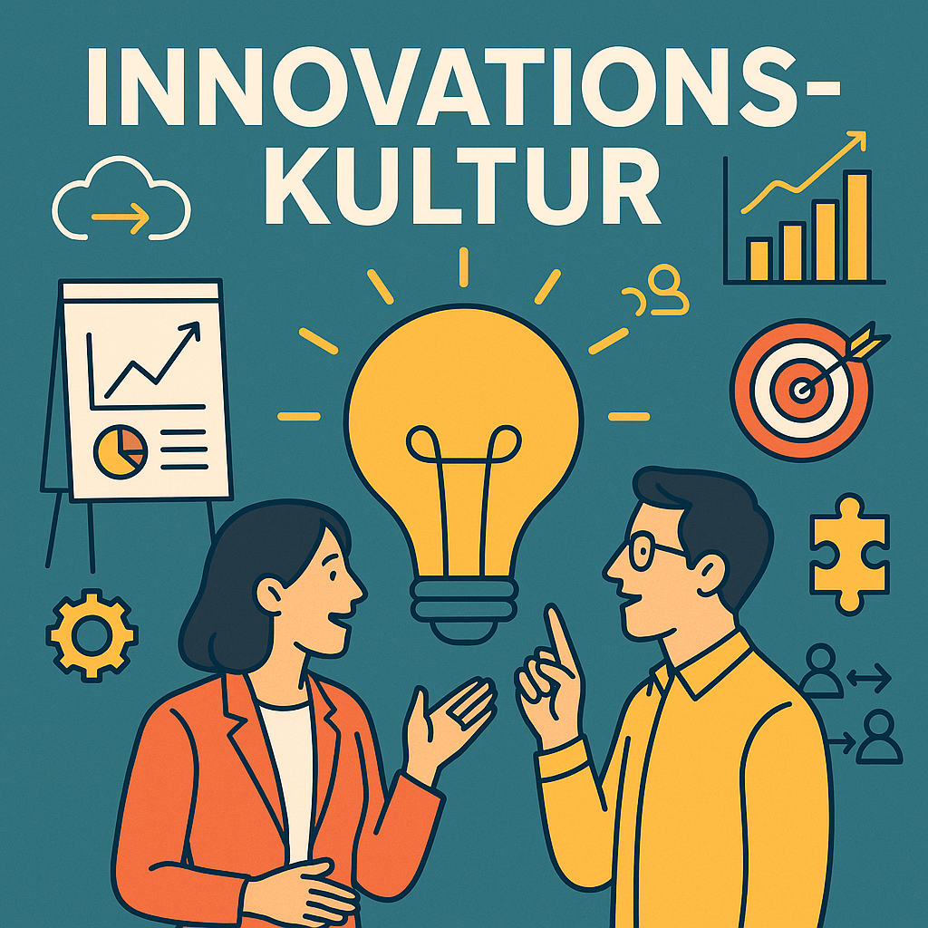 Innovationskultur im Mittelstand - symbolisiert durch zwei Menschen die diskutieren, mit einer Ideenfindungsglühbirne