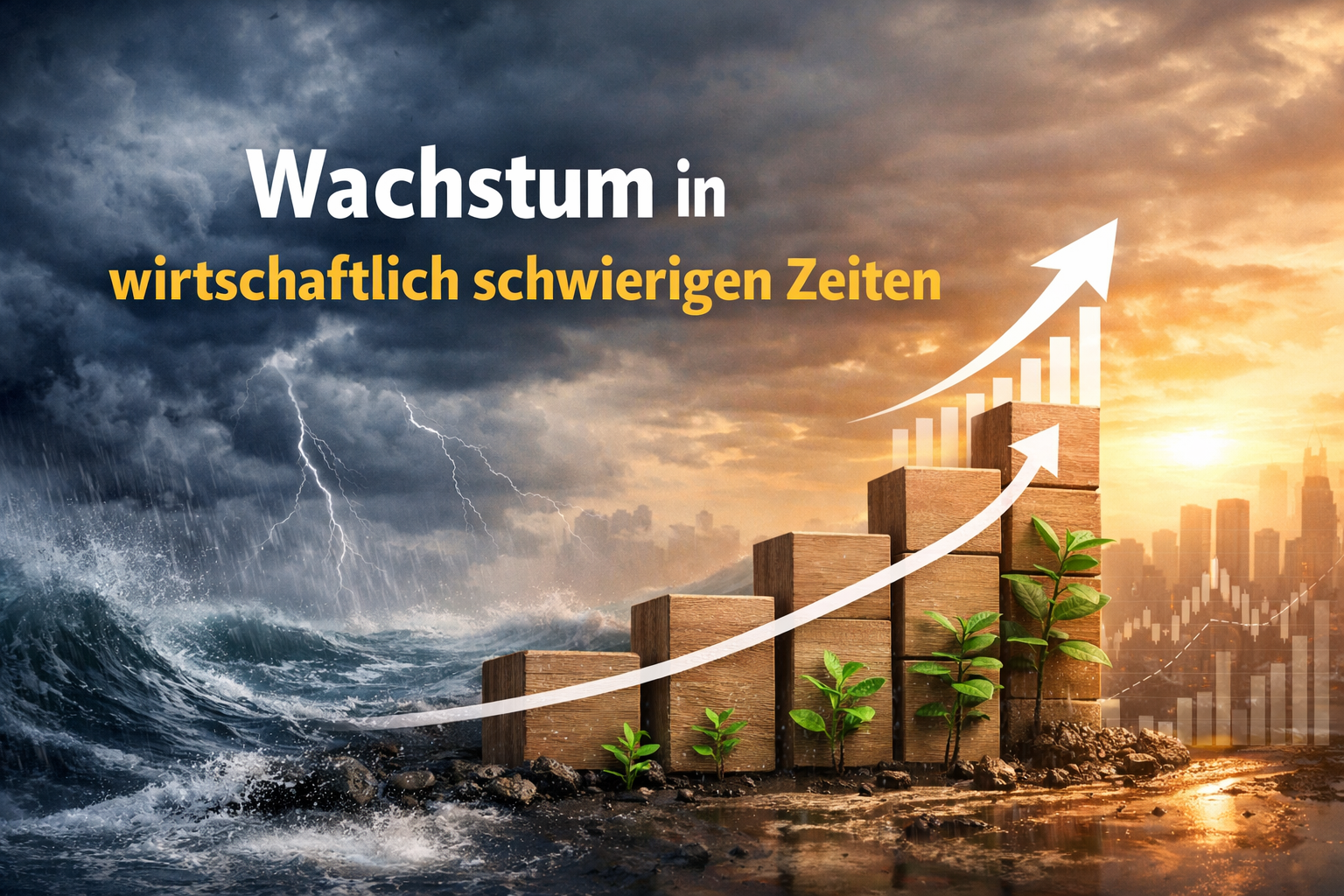 Wachstum in wirtschaftlich schwierigen Zeiten - symbolisiert durch ein Gewitter auf hoher See und einem ansteigenden Balkendiagramm mit Sonnenschein