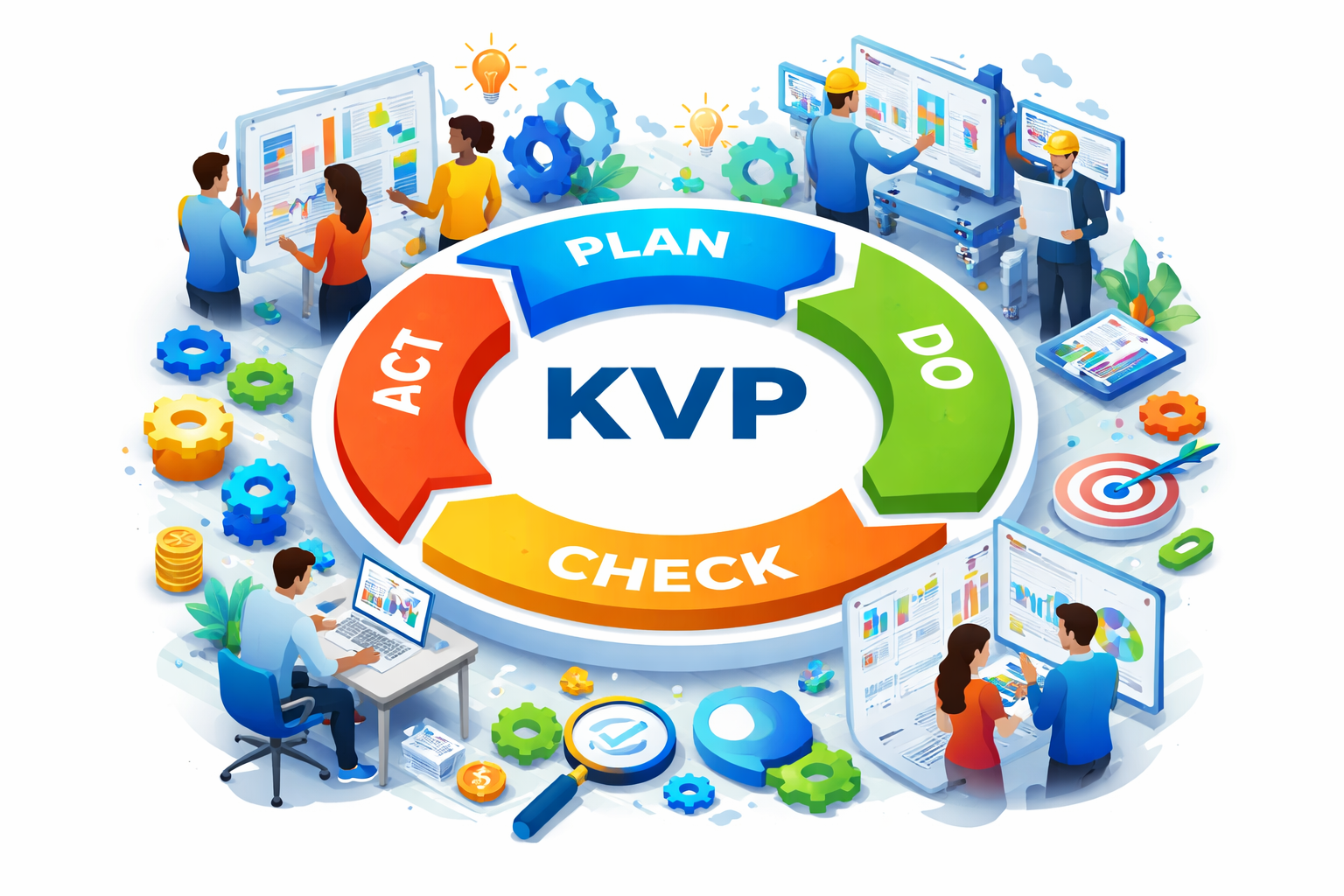 kontinuierlicher Verbesserungsprozess (KVP) als Diagramm mit den Phasen Plan, Do, Check, Act
