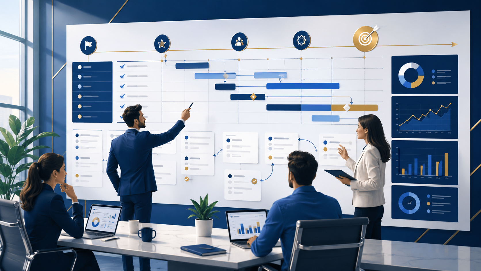 Projektmanagement - symbolisiert durch ein Projektteam, dass die Projektplanung an einem Smartboard begutachtet